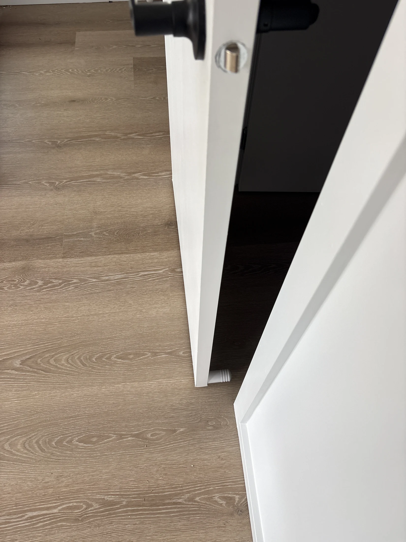 White door slightly ajar with a black handle on wood floor. A cylindrical object is visible near the edge, creating a simple, neutral scene.