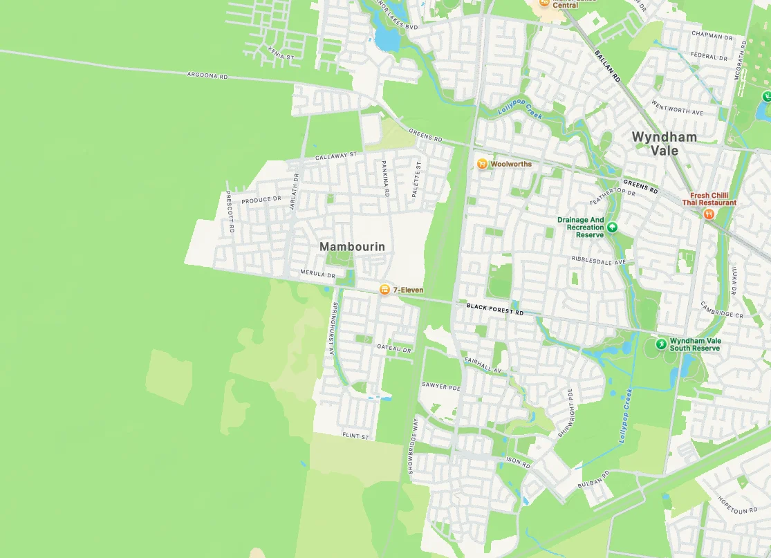 Map of Mambourin and Wyndham Vale with highlighted streets. Notable locations: 7-Eleven, Woolworths, and parks. Bright green areas.
