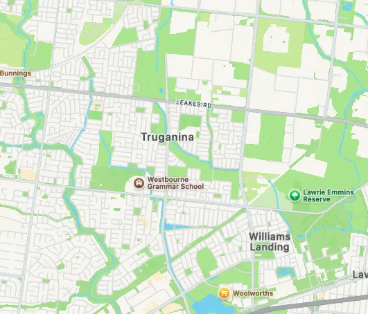 Map showing Truganina area with landmarks like Westbourne Grammar School and Williams Landing. Green spaces include Lawrie Emmins Reserve.
