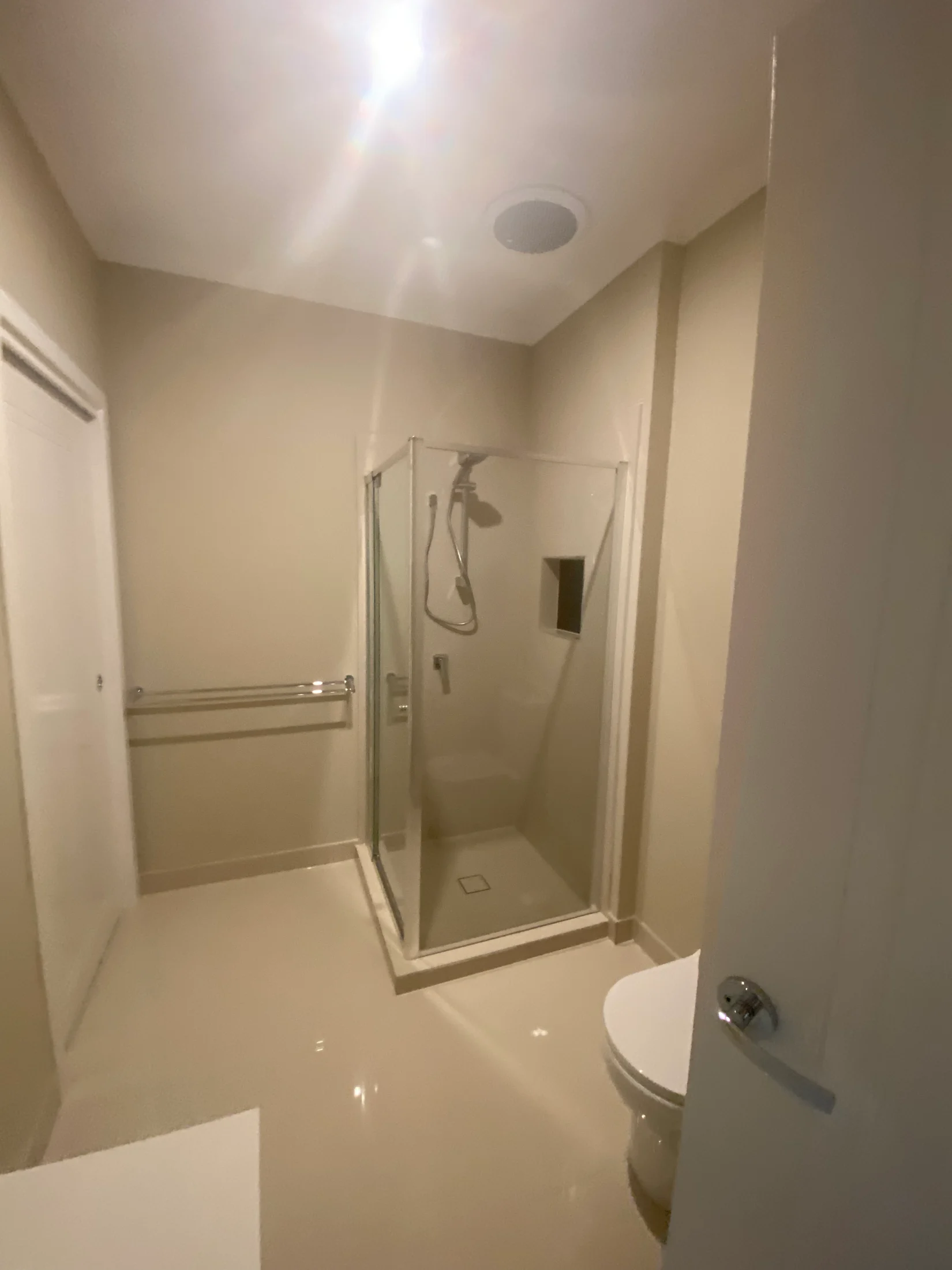 Modern bathroom with beige walls, glass shower, white toilet, and metal handrails. Bright lighting, minimalistic design.
