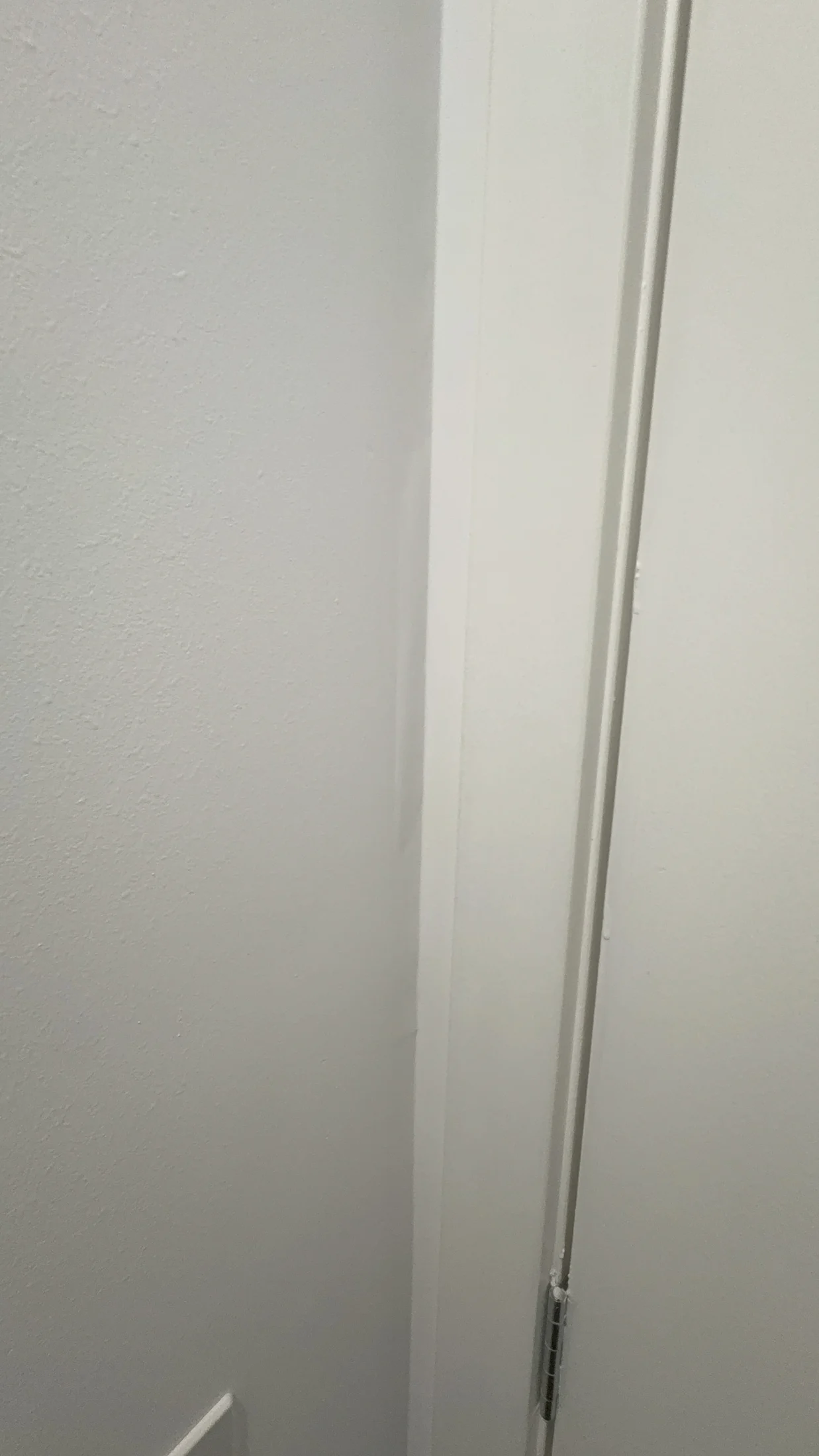 White corner of a room showing a door slightly open with a visible hinge. Walls and door are plain, emphasizing simplicity and minimalism.