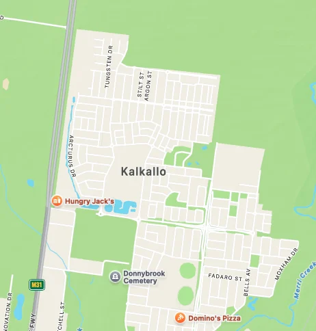 Map of Kalkallo showing streets and locations like Hungry Jack's, Domino's Pizza, and Donnybrook Cemetery on a green background.