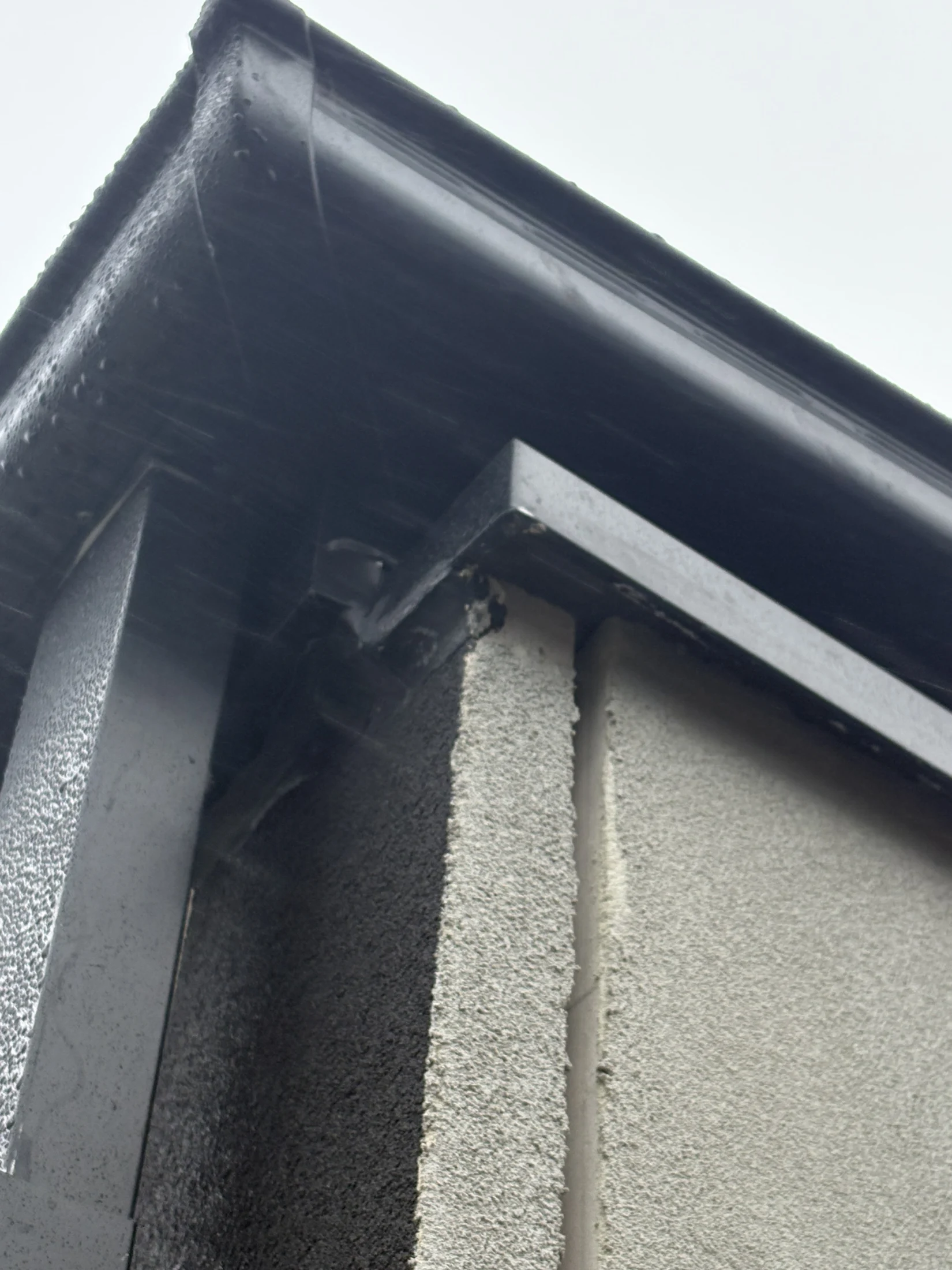 Close-up of a building corner showing black guttering and textured grey walls. The setting appears overcast, indicating a wet surface.