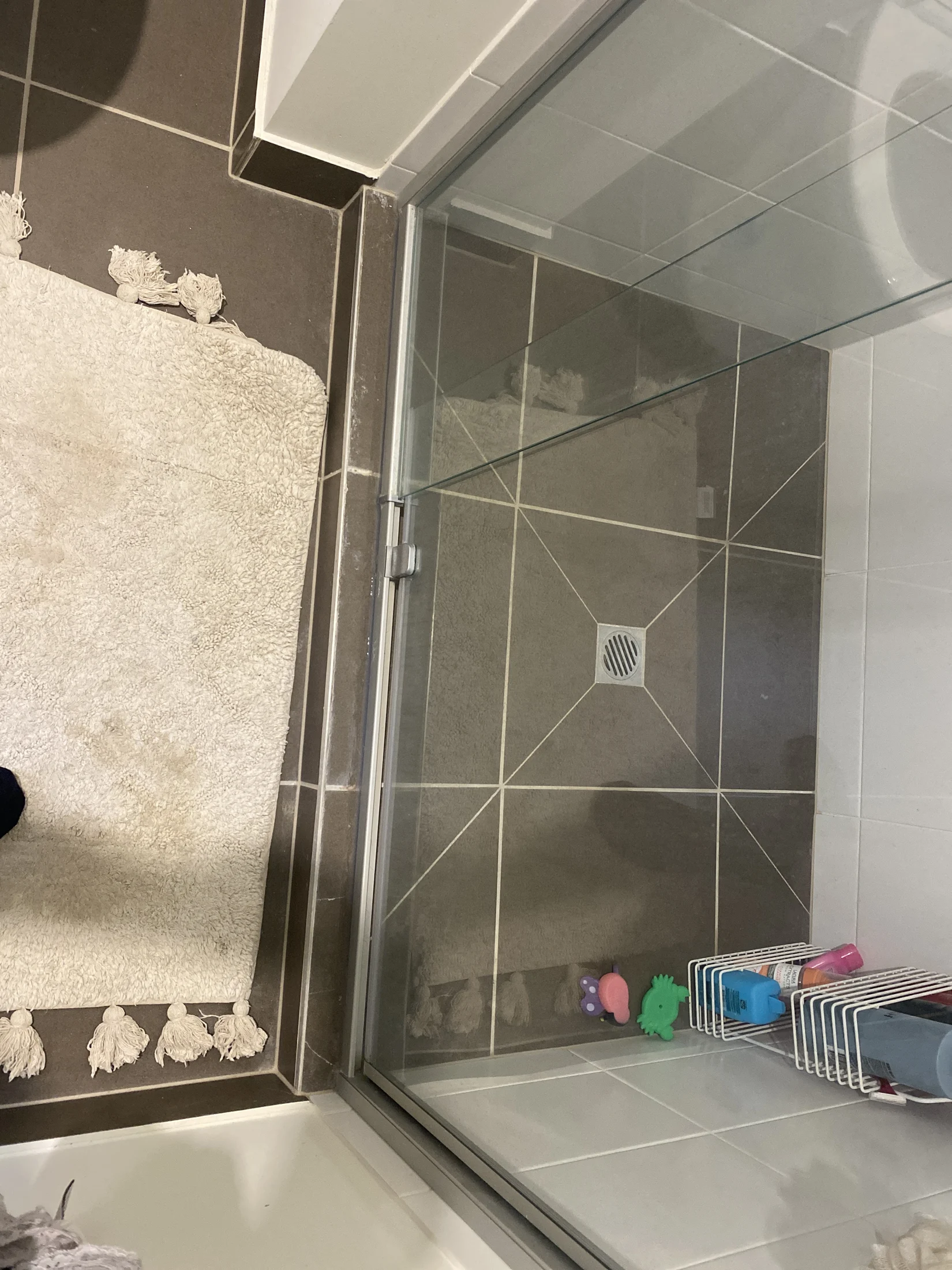 Glass shower with beige tiles, white fluffy mat with tassels, bath toys, and toiletries on a rack. Clean, organized bathroom setting.