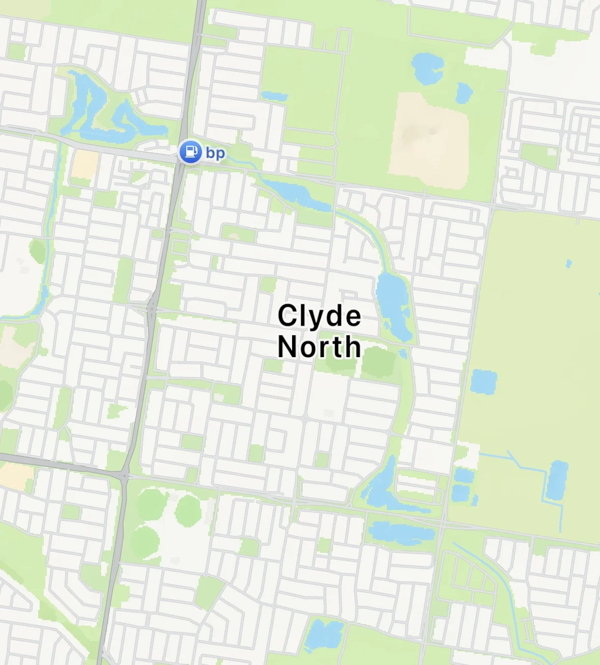 Map of Clyde North showing streets, green spaces, and water bodies. A BP station is marked with a blue icon.