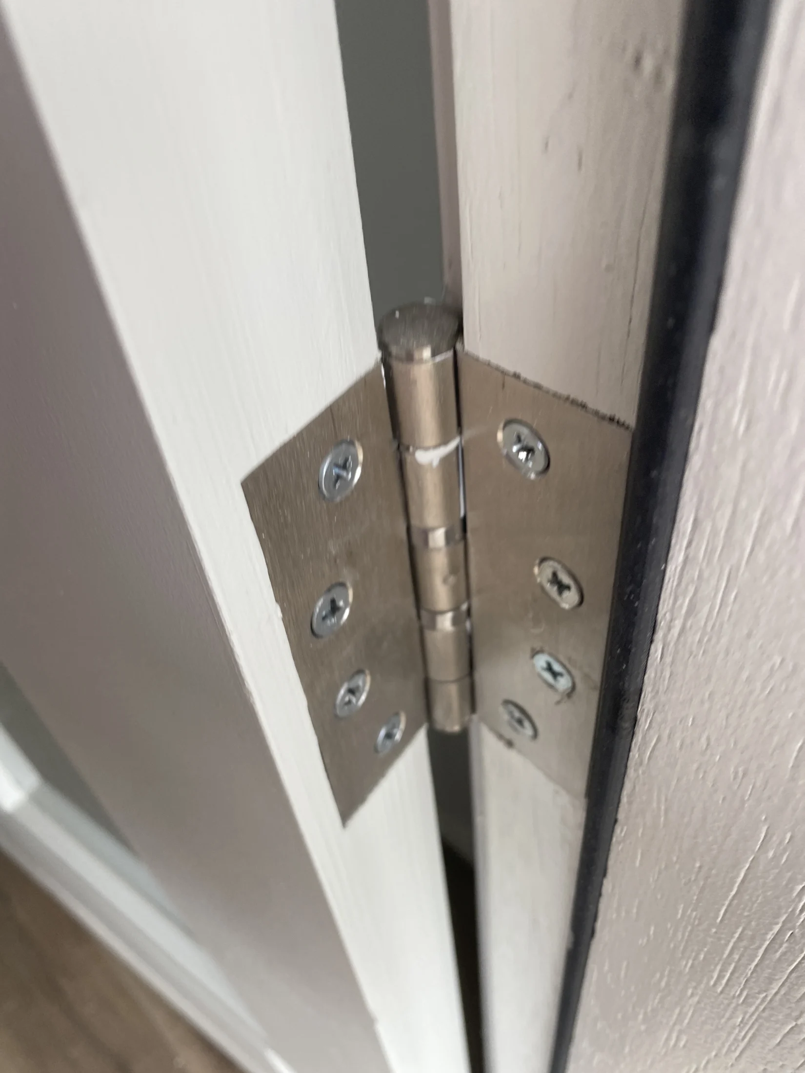 Close-up of a silver door hinge on a slightly open white door, revealing a gap. Visible screws secure the hinge in a neutral setting.