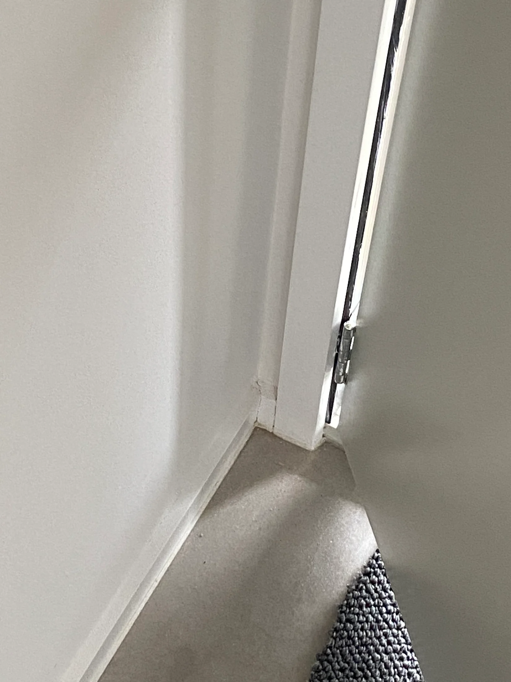 A partially open white door in a corner reveals a shadowy interior. Gray carpet and tiled floor are visible, creating a neutral mood.