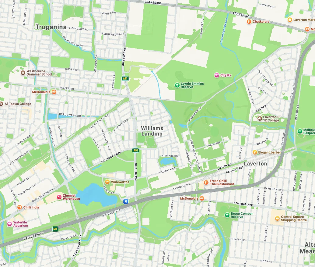 Map of Williams Landing and Laverton showing streets, parks, and landmarks like McDonald's, Woolworths, and Chemist Warehouse.