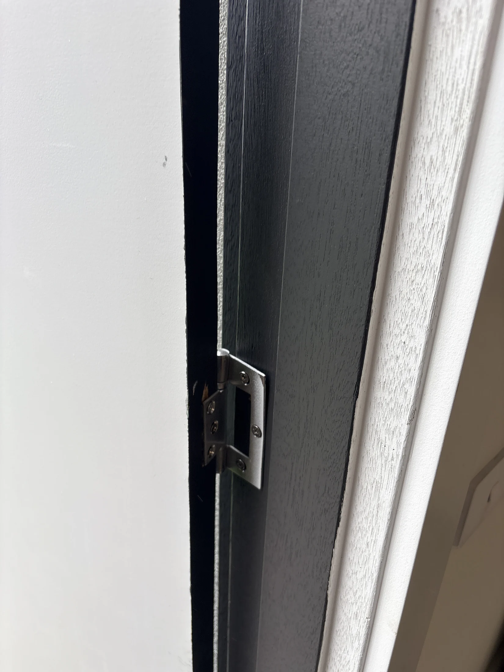 Door hinge between a partially open white door and dark door frame. No visible text; indoor setting. Neutral colors and lighting.