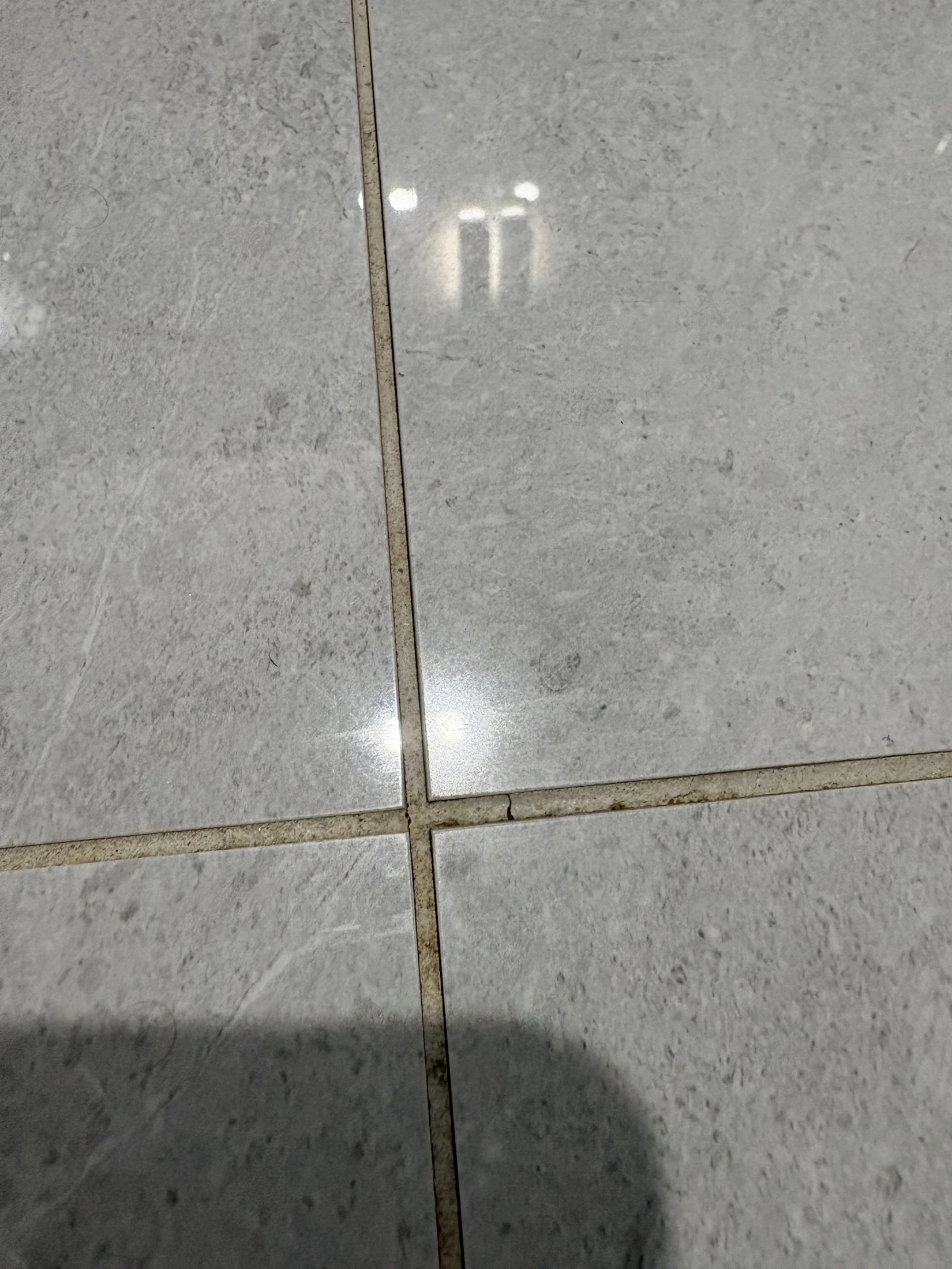 Gray marble tiles with visible grout lines and some reflections of bright ceiling lights. Minimal shadow at the bottom edge.
