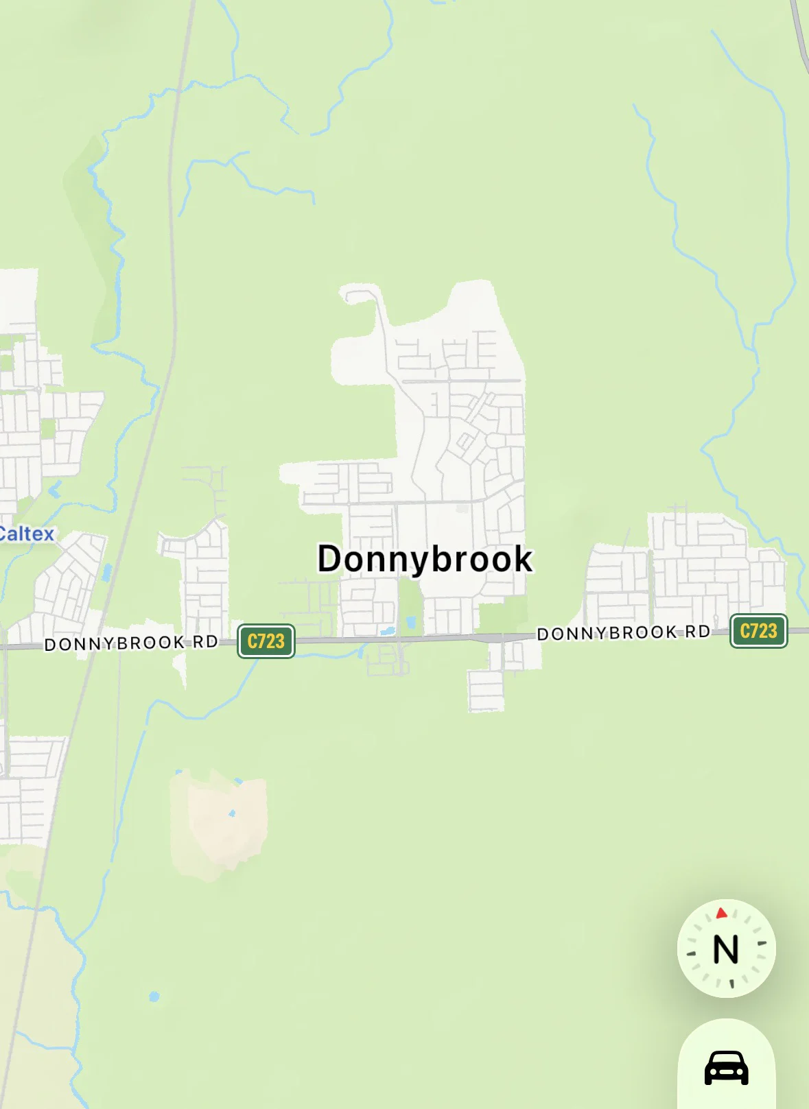 Map showing Donnybrook with roads and green terrain. Donnybrook Rd and C723 labels are visible. Compass and car icon at the bottom.