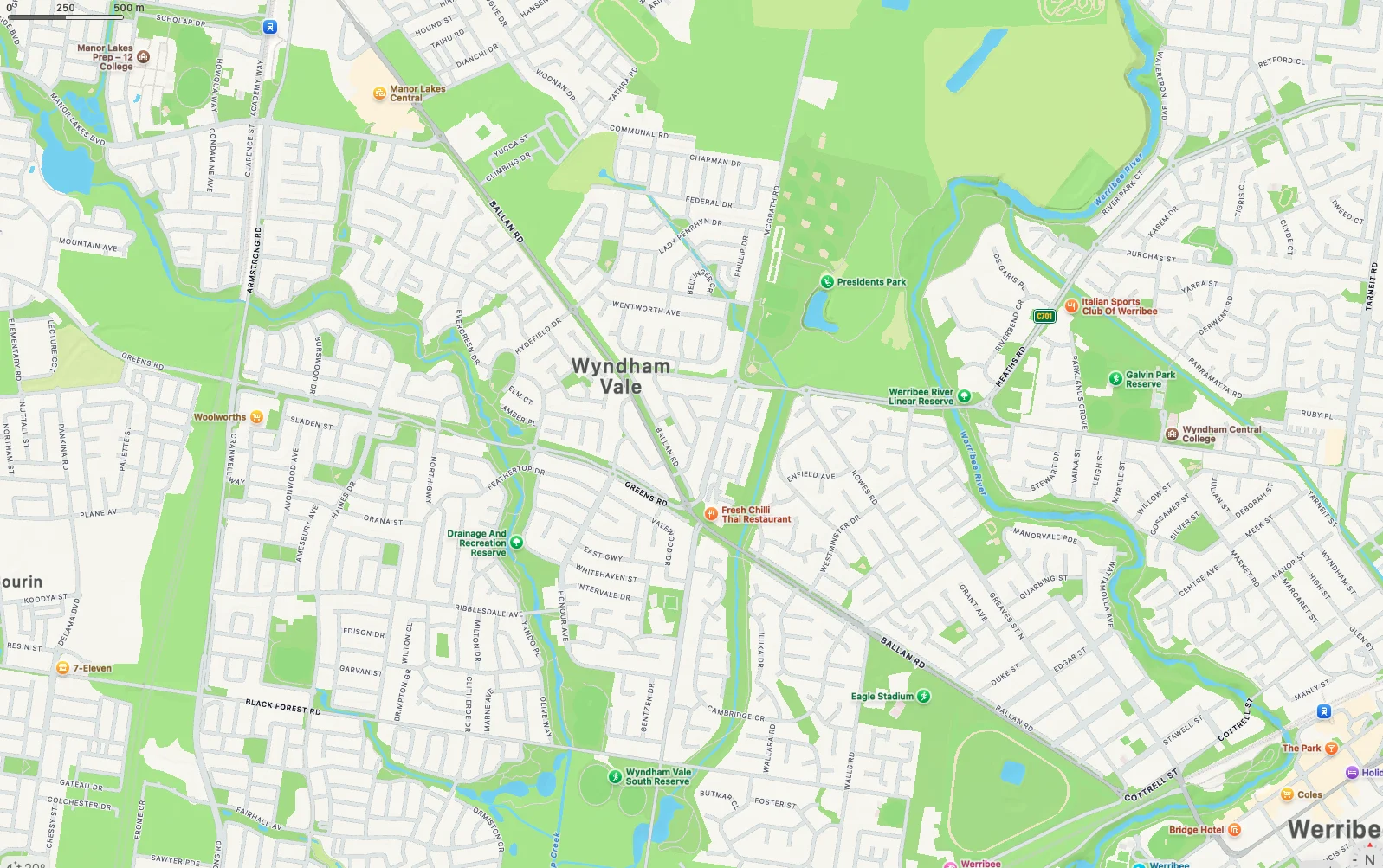 Map of Wyndham Vale, showing streets, parks, and labeled locations like Manor Lakes College, Woolworths, and Italian Sports Club.