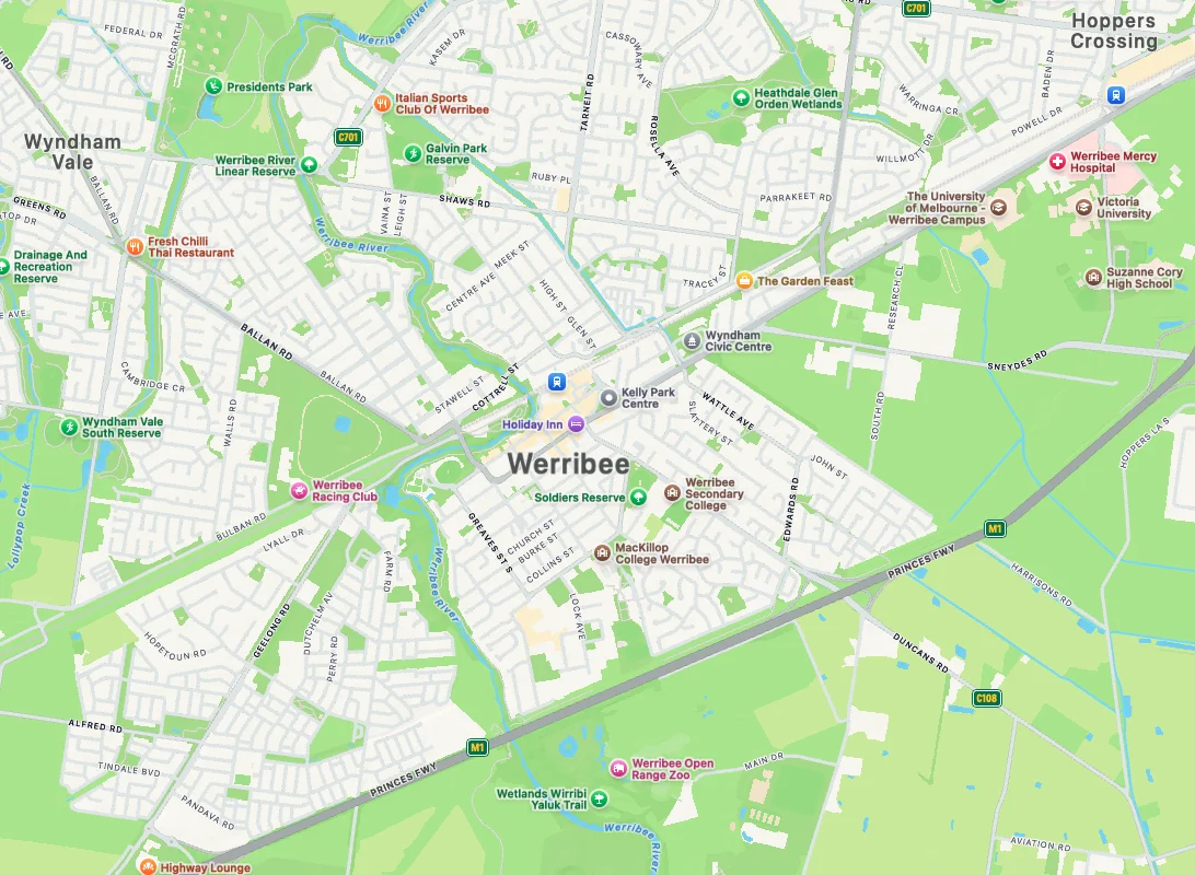 Map of Werribee, highlighting parks, schools, and main roads. Notable places include Werribee Open Range Zoo and Werribee Secondary College.